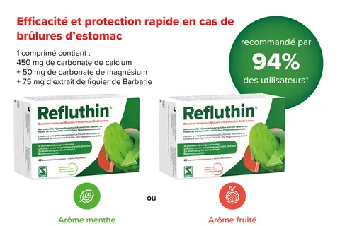 1 comprimé de Refluthin contient 450 mg carbonate de calcium + 50 mg de carbonate de magnésium + 75 mg d'extrait de figuier de Barbarie