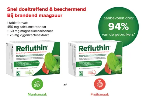 1 kauwtablet Refluthin bevat 450 mg calciumcarbonaat + 50 mg magnesiumcarbonaat + 75 mg vijgencactusextract